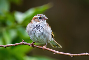 Fototapeta premium Sparrow on a tree branch with green background