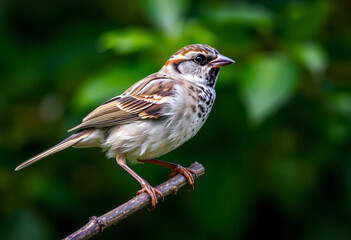Sparrow on a tree branch with green background