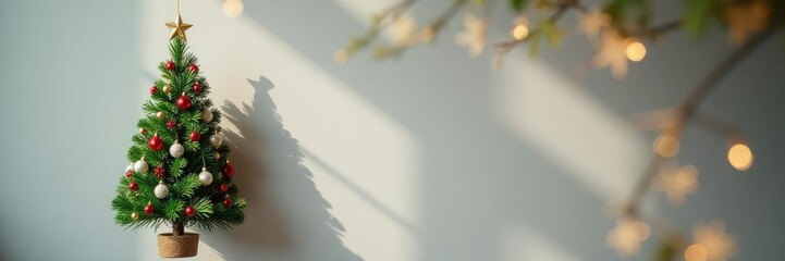 Decorated small Christmas tree branch hanging from a wall, small green tree, decorated branch,