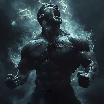A powerful muscular figure, expressing strength and emotion amidst a dynamic dark background, embodying raw energy and intensity.
