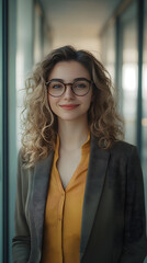 A confident and smiling woman in her late thirties, wearing glasses with dark curly hair
