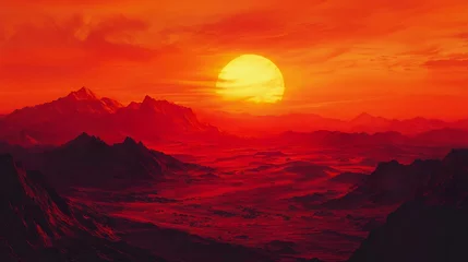  Stunning alien landscape with a red sky and a large sun setting over jagged mountains and vast valleys, creating an otherworldly atmosphere. © CybStars