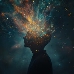 Mind expansion, silhouette of a person with a cosmic explosion inside their head, deep galaxy hues, vibrant ethereal glow, surreal sci-fi aesthetic, ultra-HD 8K 
