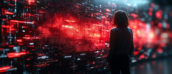 Woman Contemplating Red Digital Wall