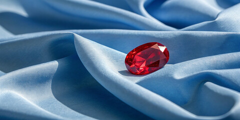  Luxurious blue satin fabric with a single red gemstone placed elegantly, creating a contrast of richness and sophistication in texture