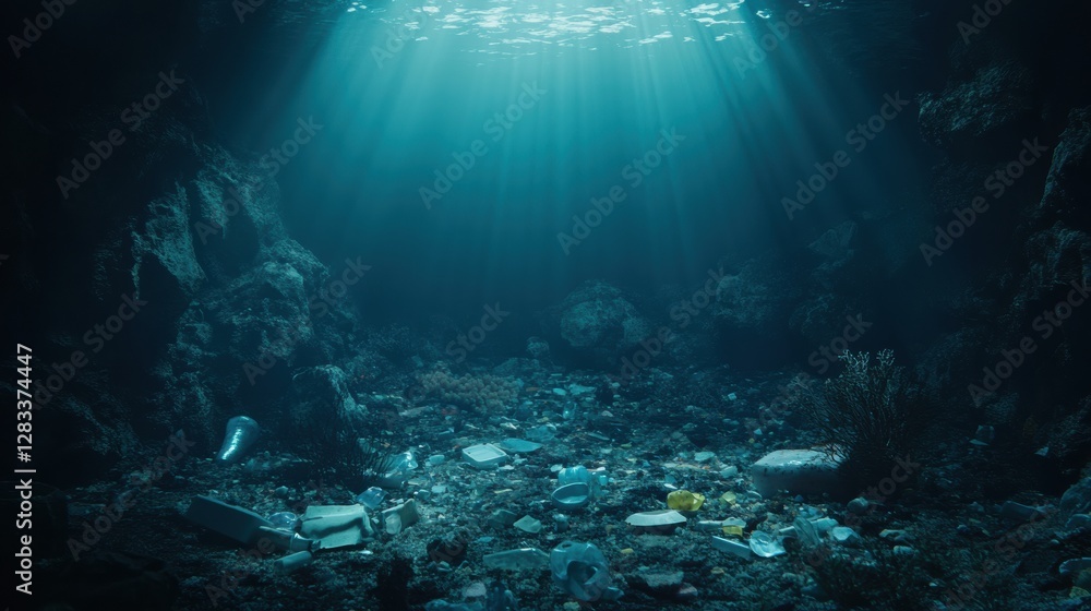 Aufkleber Underwater habitat suffering from plastic pollution amidst dead corals and dim light rays in the ocean depths. Generative AI