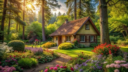 Serene forest surroundings surrounding a quaint cottage with lush greenery and vibrant flowers , peaceful landscape, tree branches