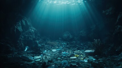 Underwater habitat suffering from plastic pollution amidst dead corals and dim light rays in the ocean depths. Generative AI