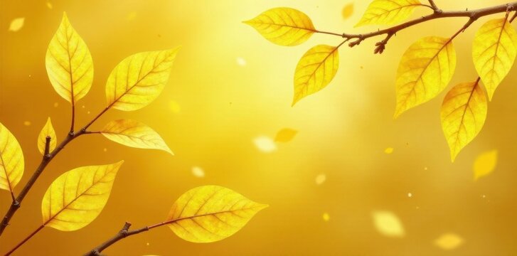 Delicate yellow leaf patterns on a golden background, foliage patterns, shiny texture, autumnal theme