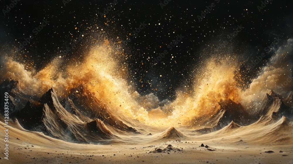 Poster shimmering golden particles exploding symmetrically, intricate textures, black background