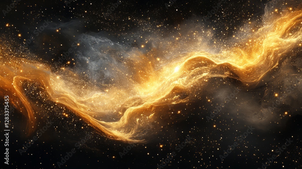 Poster shimmering golden particles exploding symmetrically, intricate textures, black background