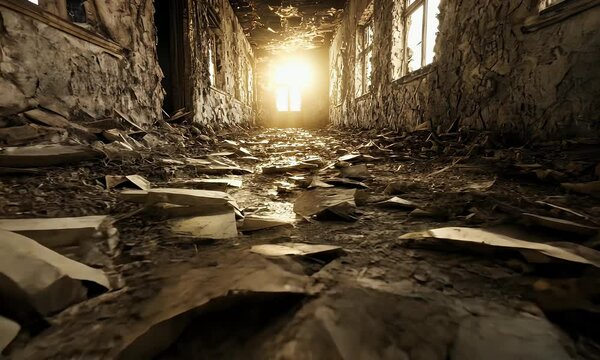 Sunlight streaming through a dilapidated hallway filled with debris and peeling walls