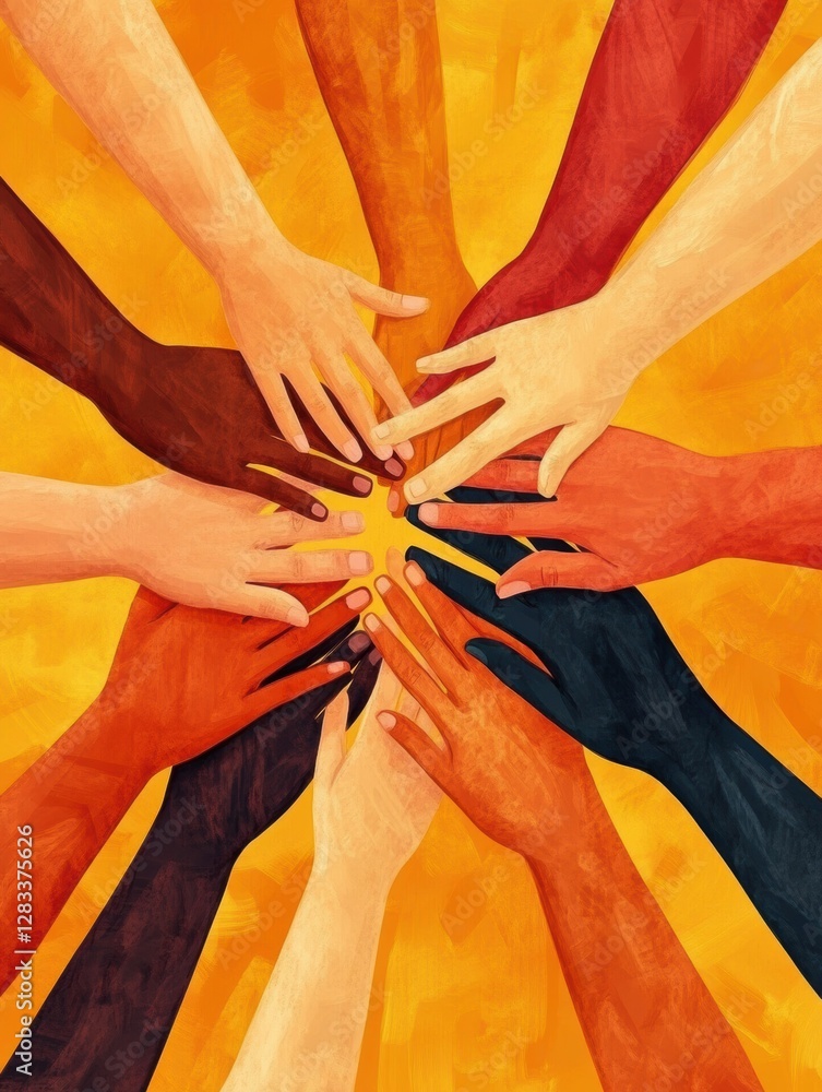 Aufkleber Interconnected hands symbolize unity and support among diverse individuals with varying skin tones. Generative AI