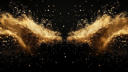 Fototapeta premium Shimmering golden particles exploding symmetrically, intricate textures, black background 