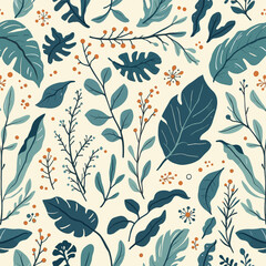 various stylized leaves and flowers in shades of blue, green, and orange, arranged in a repeating design.