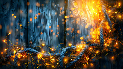Fototapeta premium A glowing rope entwined with lights against a textured wooden background.