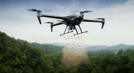 Drone Technology for Reforestation in Deforested Area with Tree Stumps and Misty Forest Background