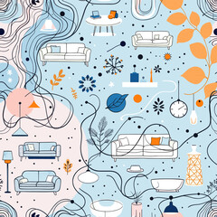 a variety of furniture and decor items, including couches, tables, lamps, vases, and plants, arranged in a visually appealing and harmonious manner.