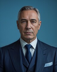 A middle aged man in formal attire in close up portrait on a plain green background