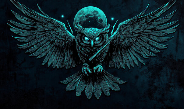 Mystical Japanese owl wielding a celestial quill amid surreal nighttime skies and ancient symbolism grace