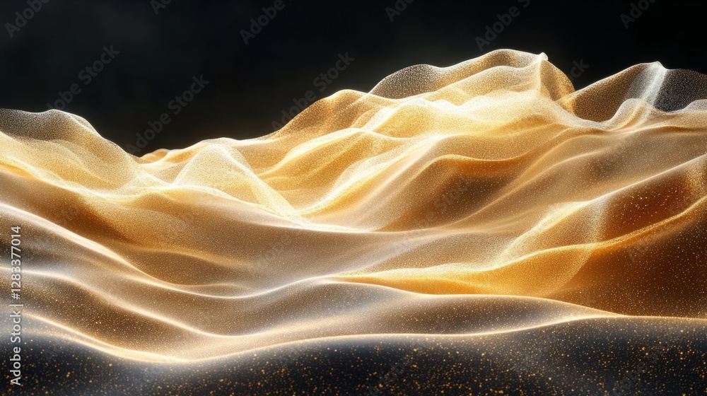 Poster soft golden sand scattering in intricate patterns, dynamic motion on black