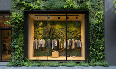 Eco-friendly sustainable fashion store front design featuring modern organic materials and innovative retail aesthetics vibe