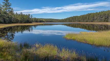 Serene Blue Lake Landscape with Autumnal Vegetation and Clear Reflections
