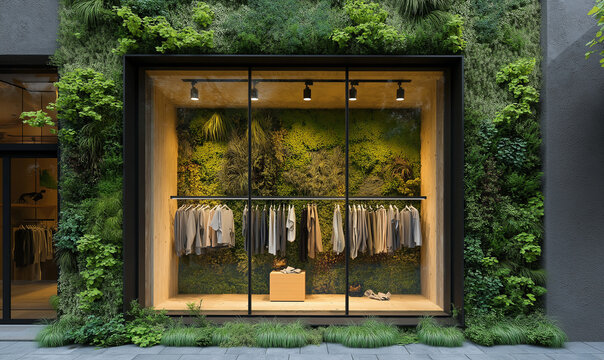 Eco-friendly sustainable fashion store front design featuring modern organic materials and innovative retail aesthetics vibe