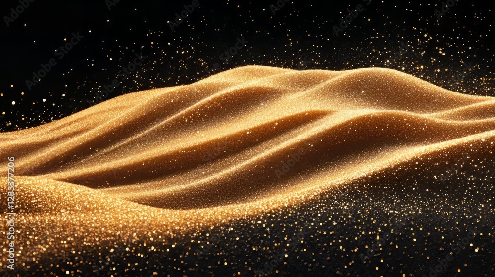 Poster soft golden sand scattering in intricate patterns, dynamic motion on black