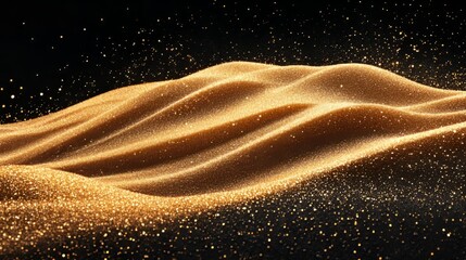 Fototapeta premium Soft golden sand scattering in intricate patterns, dynamic motion on black 