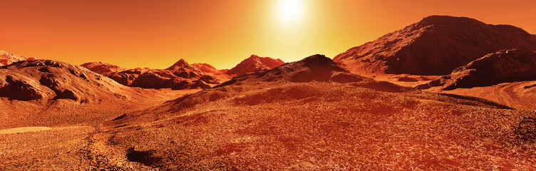 Naklejka premium Planet mars illustration, orange red eroded mars surface, science fiction 3D illustration background.