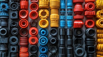 A collection of colorful plastic parts with different shapes and sizes