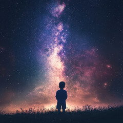 Fototapeta premium Wonder, child staring in awe at a vast galaxy-filled night sky, cosmic beauty, rich deep blues and purples, cinematic astrophotography, ultra-HD 8K 