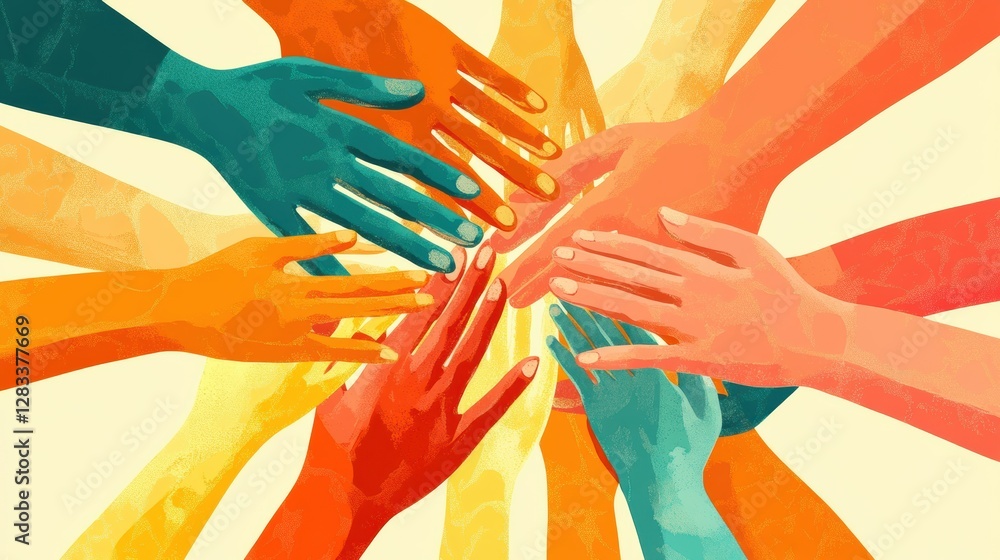 Aufkleber interconnected hands symbolizing unity and support among diverse communities with various skin tones