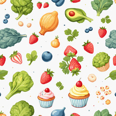 a variety of fruits and vegetables, including strawberries, blueberries, avocado, broccoli, spinach, and cupcakes, all set against a white background.