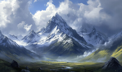 Naklejka premium Majestic Snow-Capped Mountain Range Under Dramatic Cloudy Skies, Capturing Nature’s Power and Serene Wilderness Beauty