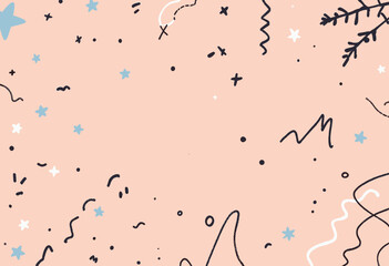 various shapes and lines, including stars, swirls, and dots, scattered across a peach-colored background.
