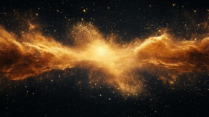 Obraz premium Symmetrical golden sand burst, fine particles floating in a dark space 