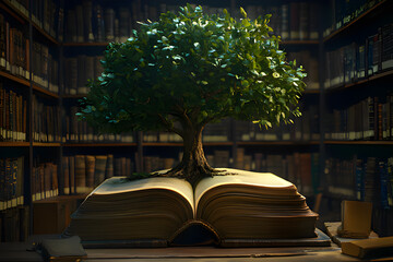 tree on the open book in library, tree on book, world philosophy day, world knowledge day, world book day, growing knowledge 