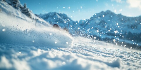 Obraz premium Skier making turns in fresh powder snow on sunny day