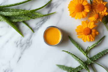Top Shot of Arnica, Turmeric, and Aloe Vera on a Natural Background