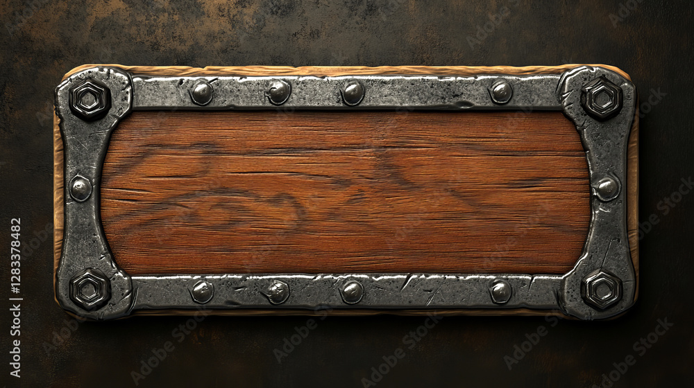 Poster medieval ui game wooden button with metal frame sprite for animation. fantasy rpg title sign design 