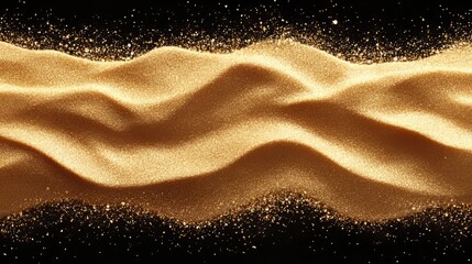 Fototapeta premium Top-down view of golden sand scattering with dramatic motion, on black 