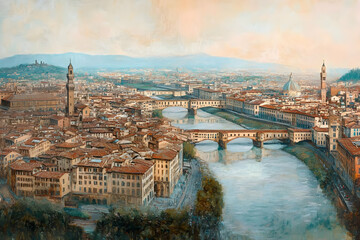 A panoramic view of Florence showcasing its iconic bridges and historical architecture.