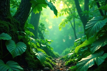 Naklejka premium Dense foliage of tropical leaves in a lush green forest, foliage, greenery, plants