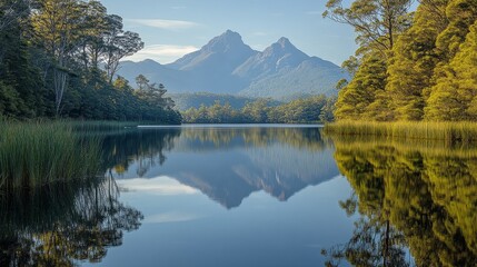Obraz premium Serene Cradle Mountain Reflected in Calm Waters of Dove Lake