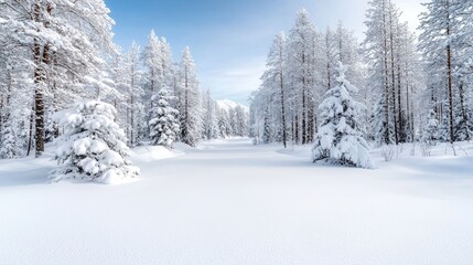 Fototapeta premium Snow-covered pine trees stand in a serene winter forest under a clear blue sky during a bright day.