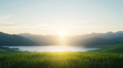 Obraz premium Serene Sunrise Over Lush Green Hills and Tranquil Lake Landscape