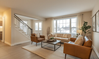 Fototapeta premium Elegant open-concept living space featuring soothing beige walls and refined leather furnishings for modern comfort