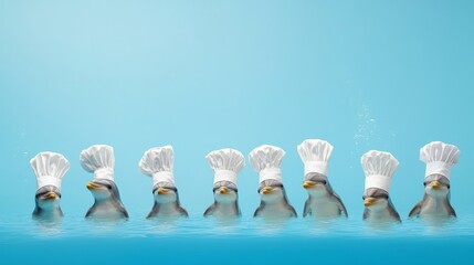 Penguins in Chef Hats Swimming in Blue Water Background